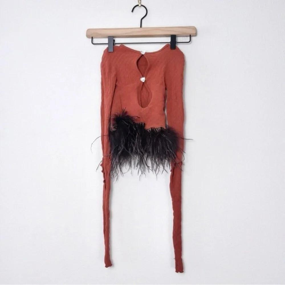 Poster Girl Mira Cutout Top OS Burnt Henna Chocolate Brown Ostrich Feathers Crop